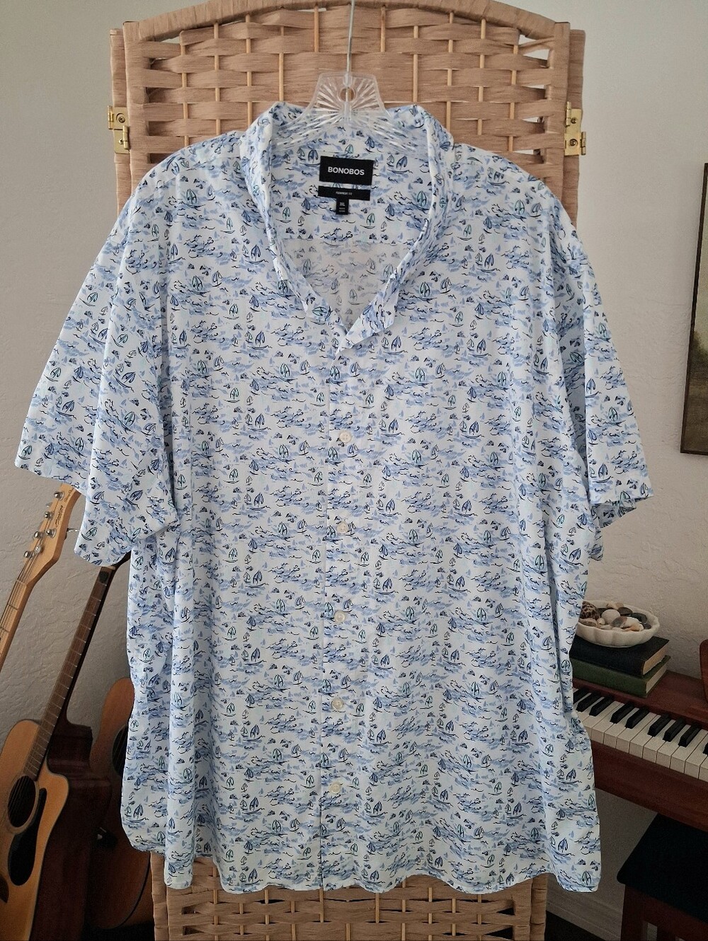 Bonobos White Button-Down Shirt Blue Sailboat Print Prominent Fit Men's 3XL